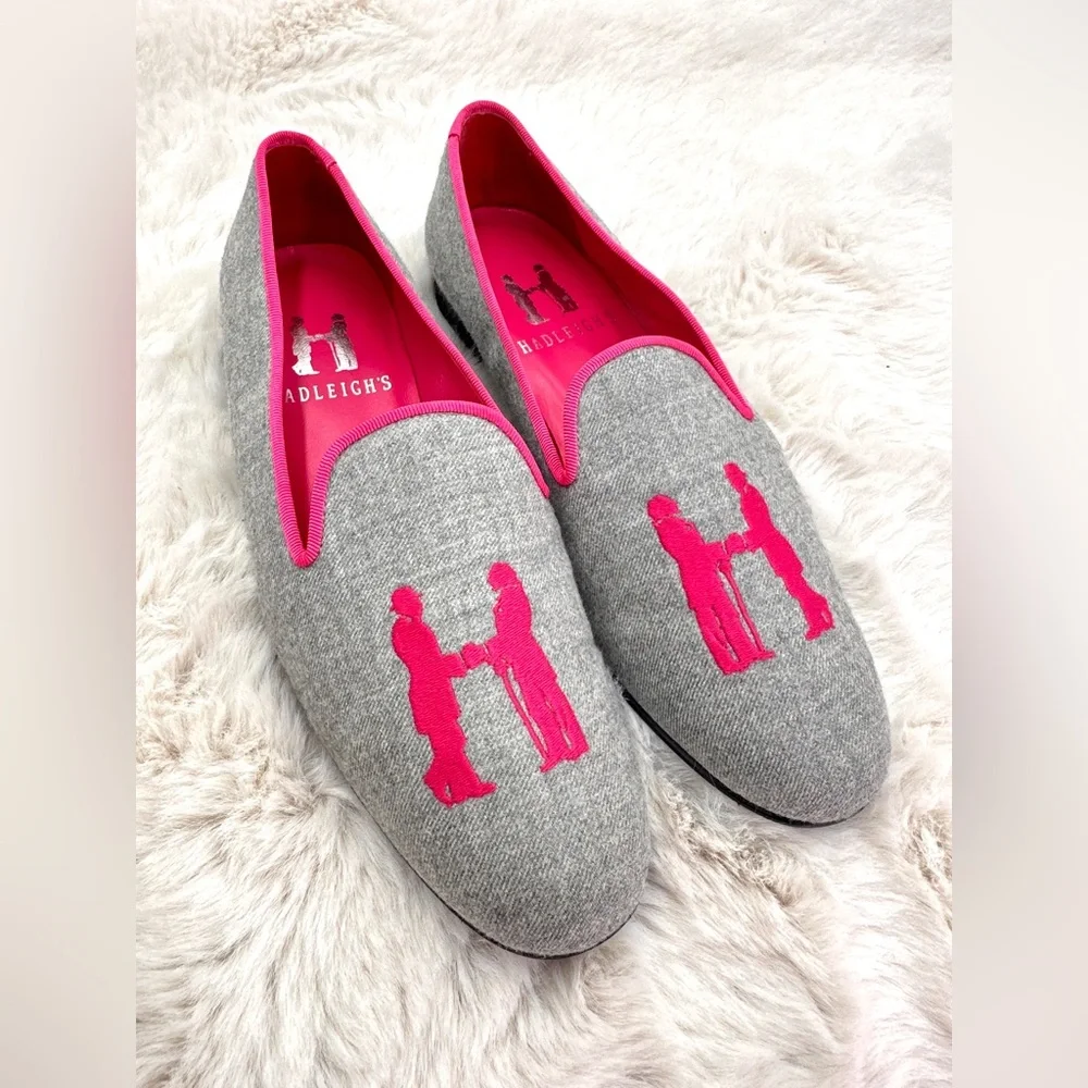 Hadleigh’s Audrey‎ Linen Loafer embroidered flats 38 US 8 Pink smoking slipper